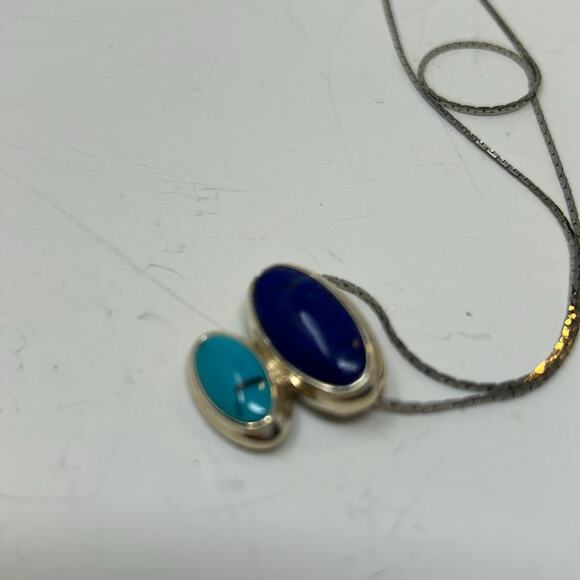 Vintage Oval Shape Turquoise & Lapis 925 Sterling Silver Necklace Size 3/4 inch - Picture 11 of 11
